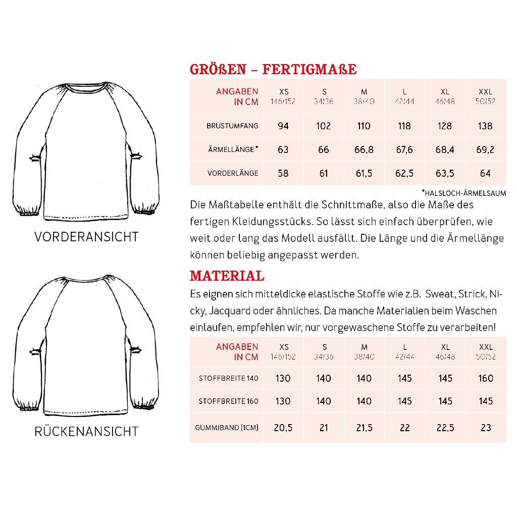 Papierschnittmuster Raglanpulli Frau Caja XS-XXL